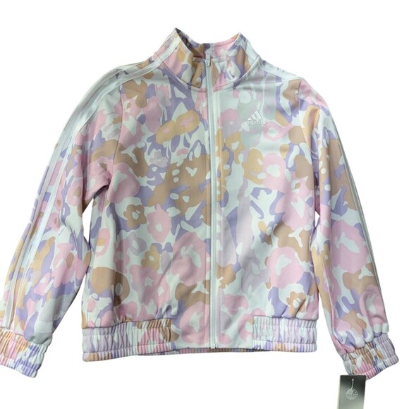 Adidas Pastel Pink Floral Camo Allover Print Full Zip Light Jacket Girls S 7/8 - Picture 3 of 5